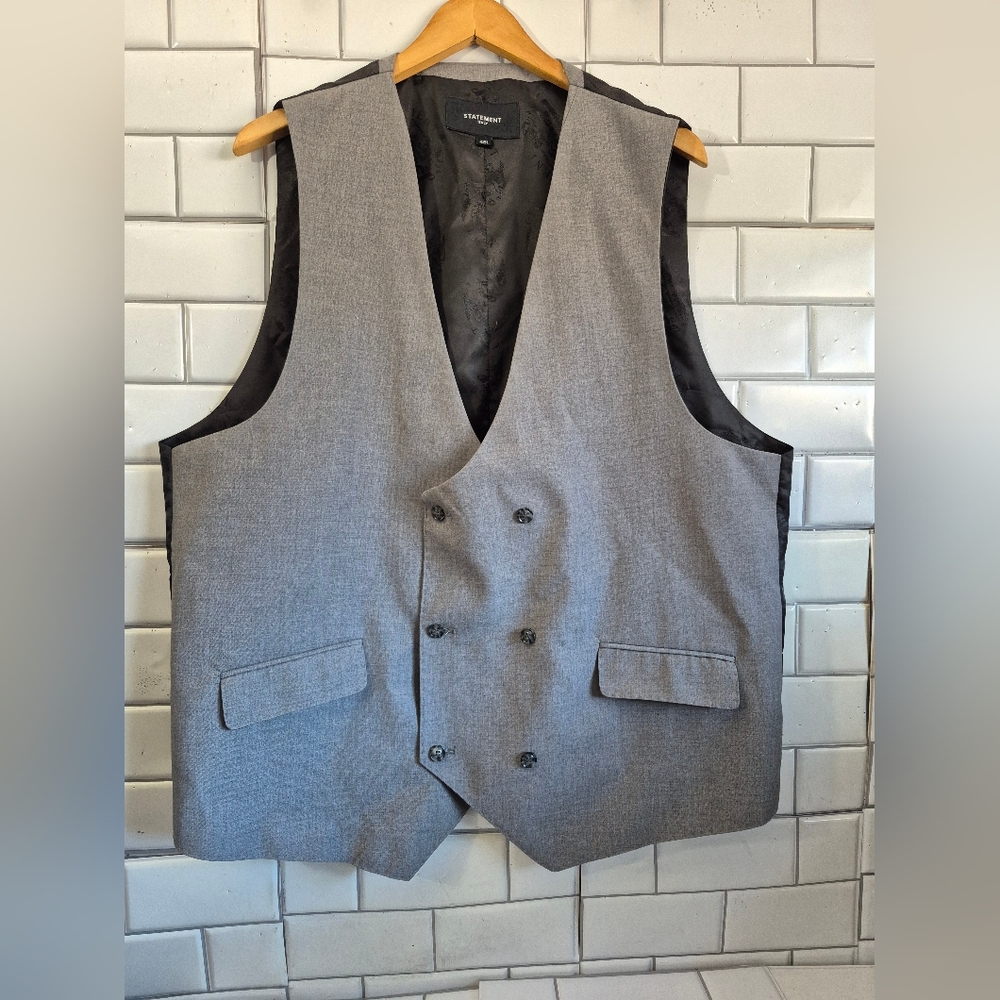 Statement Italy Mens Gray Double Breasted Waistcoat Vest Front Pockets Adjustabl